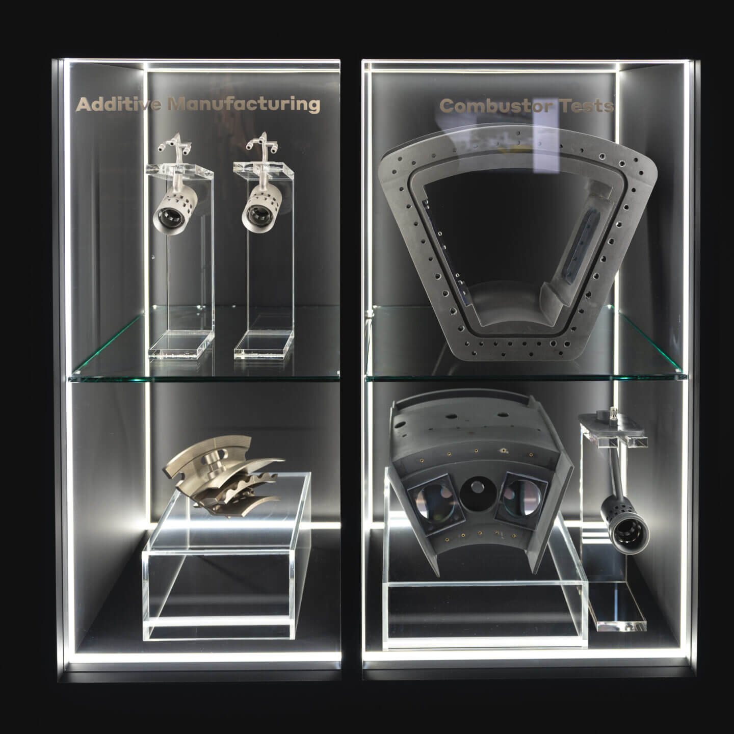 Inside Boom's chalet at the Farnborough International Airshow, including 3D printed parts for Symphony, the engine powering Overture.