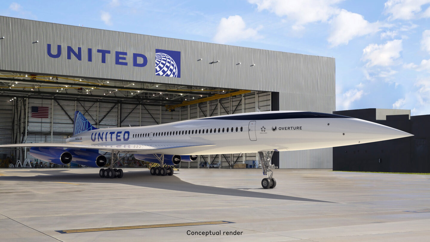 Boom Supersonic's Overture leaving a hangar with a United Airlines livery.