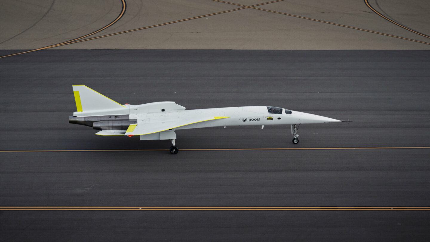 Boom's supersonic demonstrator, XB-1 taxiing the runway at Mojave Air & Space Port in preparation for first flight.