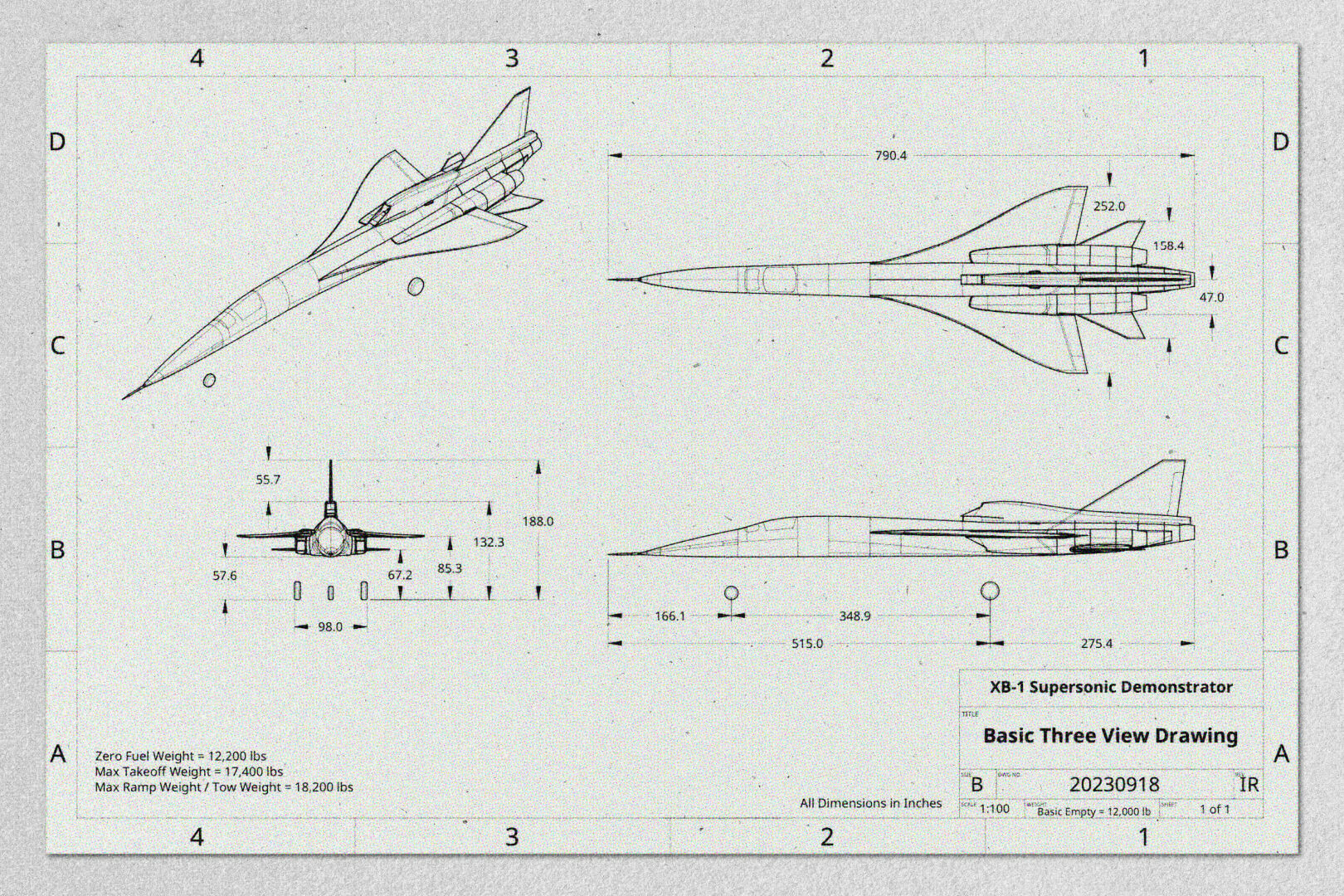 Boom's supersonic demonstrator, XB-1's design and dimensions on paper. This design is what was used for flight.