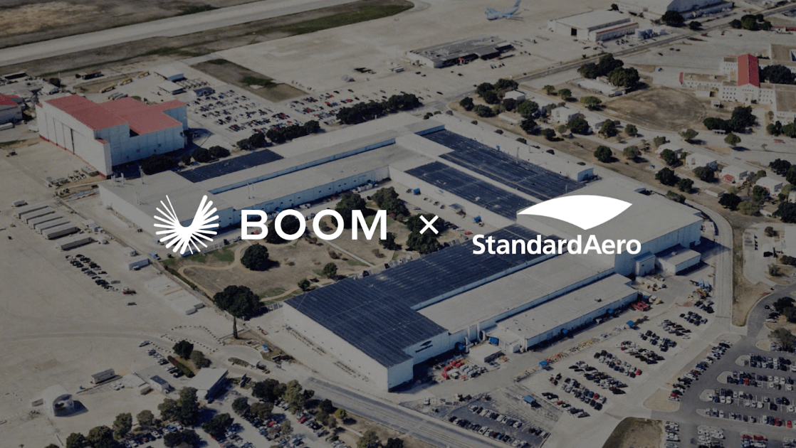 StandardAero and Boom Supersonic logo lockup. Partnering together to include the production of Symphony--announced at the Farnborough International Airshow.